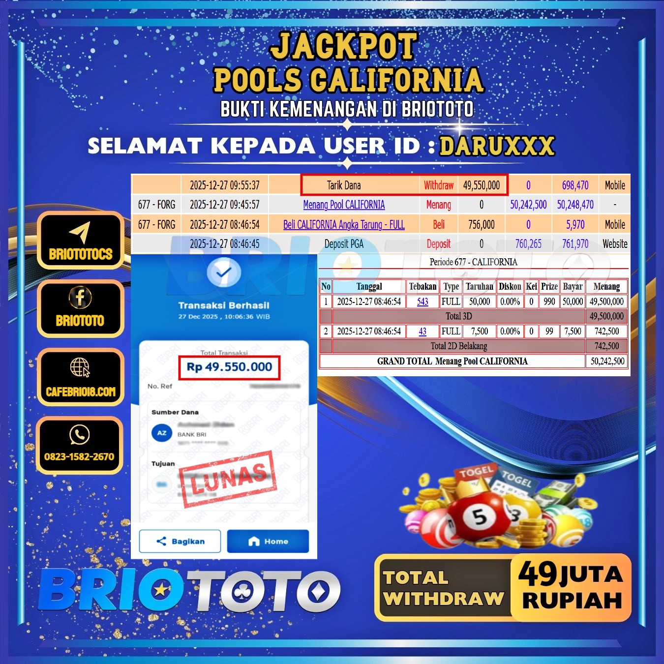 BRIOTOTO JACKPOT TOGEL CALIFORNIA RP.49.000.000,- LUNAS USER ID : DARU****